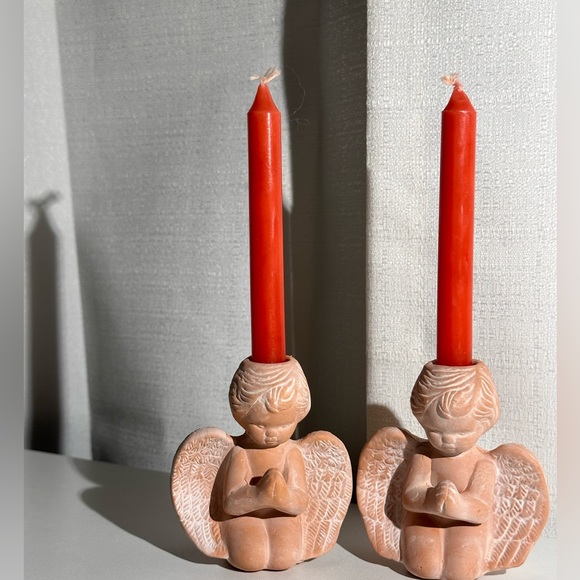 Vintage Nobel Hall Terracotta Kneeling Cherub with Candles Set of 2 - Picture 2 of 8
